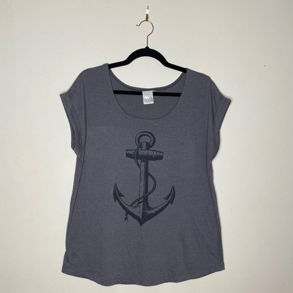 Uniik Tunik Grey Anchor T-Shirt Sccop Neck Cuff Sleeves size XL